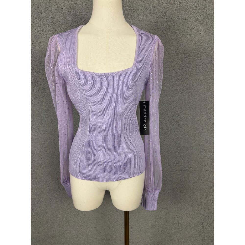 Madden Girl Juniors' Ribbed Top With Sheer Sleeves & Square Neck XL Purple NWT's